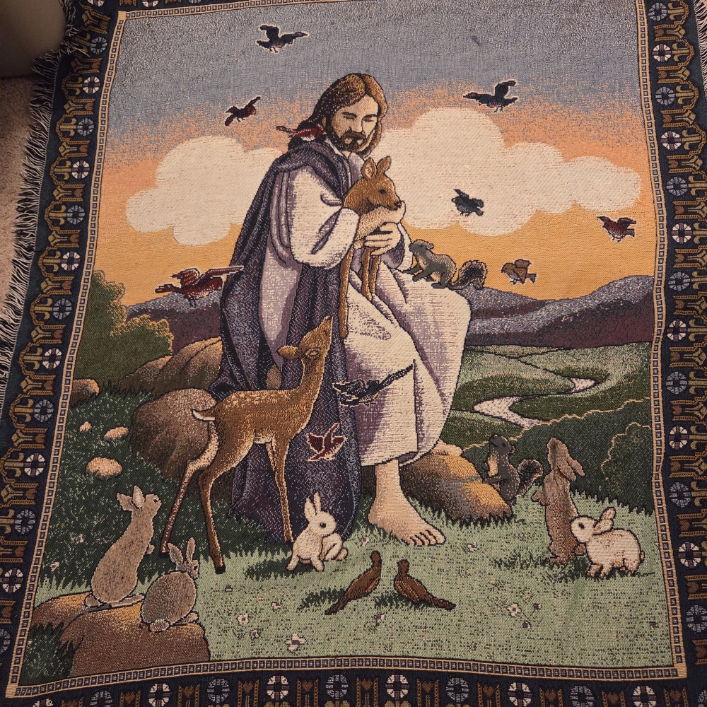 Spiritual Jesus And Nature Scene Tapestry Throw Blanket Lots Of Animals,